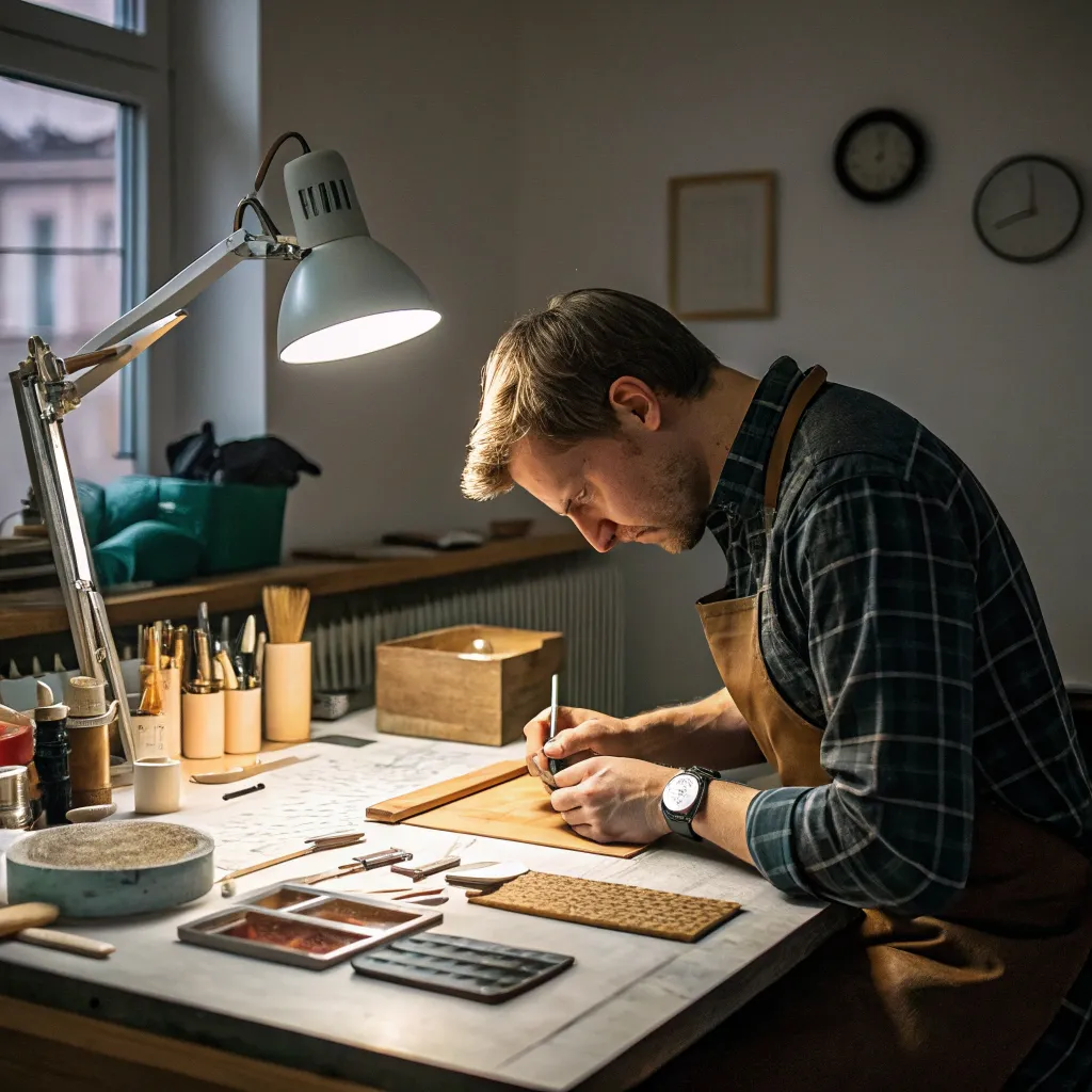 Artisan crafting at a well-lit workstation